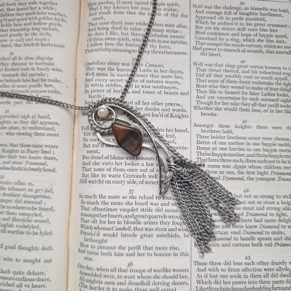 Silver Chain Necklace with Pearl and Stone Pendant